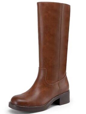 Brown Knee High Boots Square Toe Platform Chunky Block Heel Riding Style
